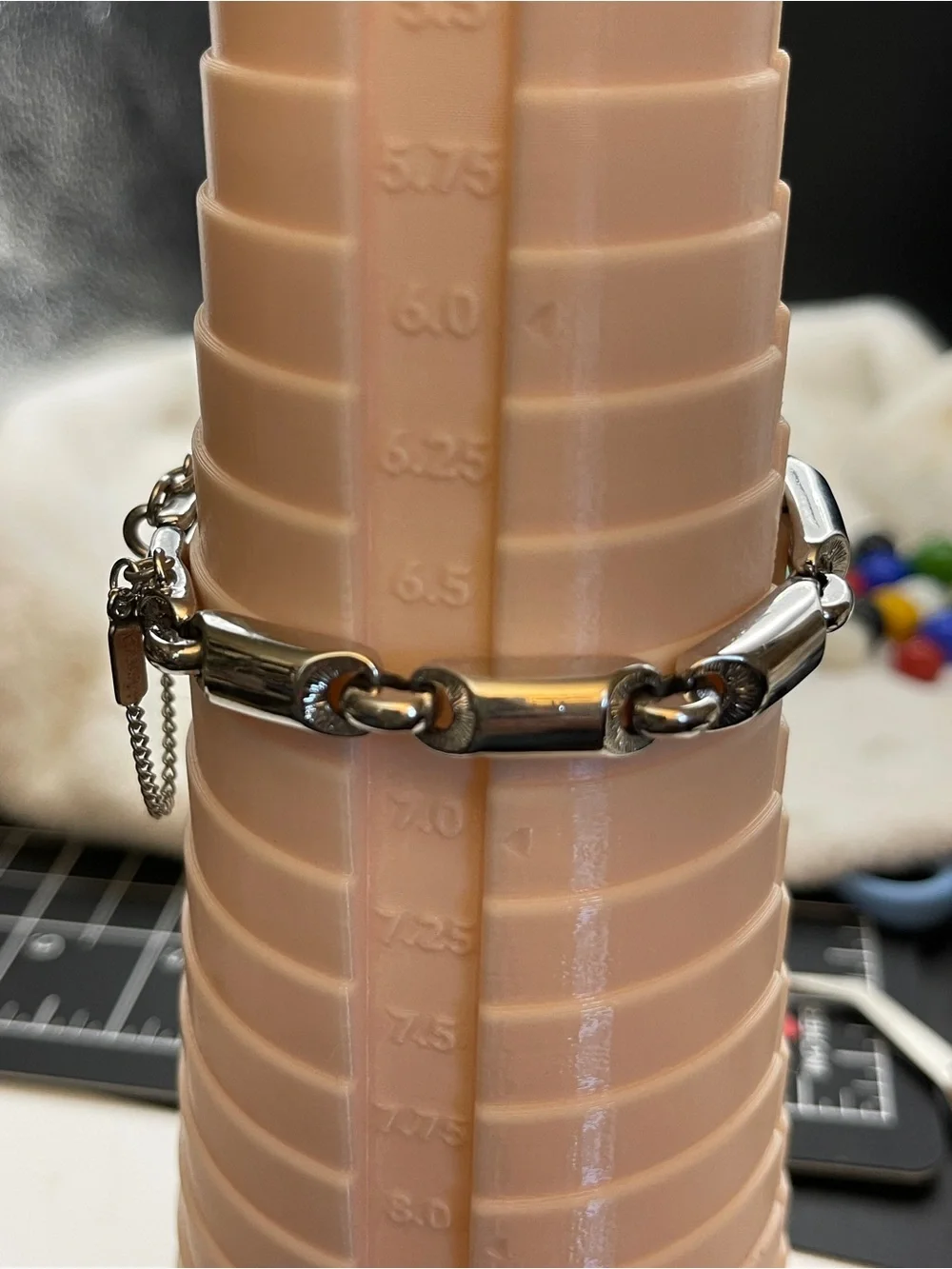 Monet Silver Tone Barrel Link Bracelet Fold Over Clasp Safety Chain Signed 7”